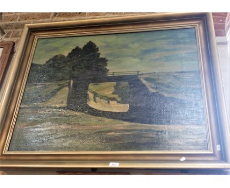 A 2OTH CENTURY OIL ON CANVAS VIEW OF A RAILWAY BRIDGE, indistinctly signed W K.... (?) 87 cm x 107 cm framed