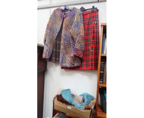 A COLLECTION OF VINTAGE FUR COLLARS and oddments, a Vintage kilt and a 'Jenny Dove' multi-coloured coat