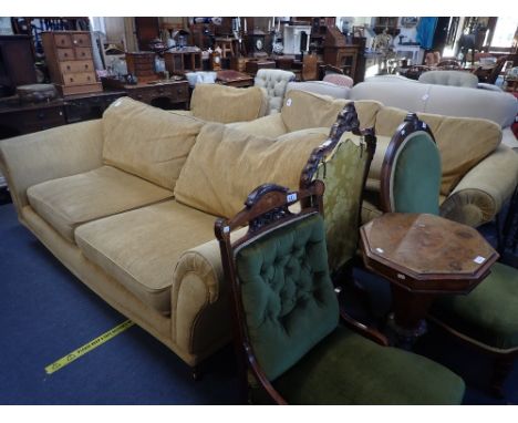 A TRADITIONAL STYLE FOUR PIECE SITTING ROOM SUITE, comprising sofa, 215cm long, another sofa, 185cm long, a single armchair, 