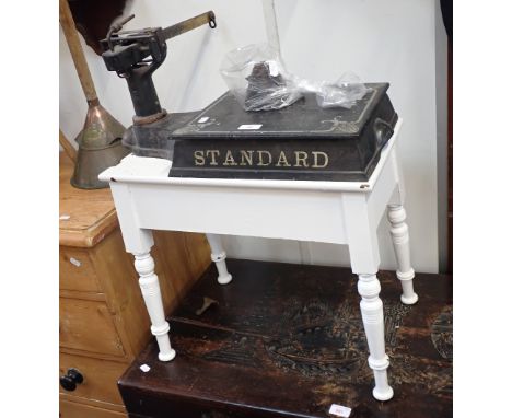 A SET OF VINTAGE 'STANDARD' IRON SCALES with weights and a white painted stool (2)