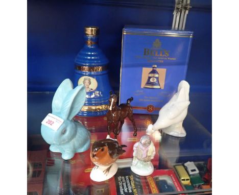 A SYLVAC BUNNY, A BELL'S WHISKY 75th Queen's birthday decanter with contents and some collector's ceramics