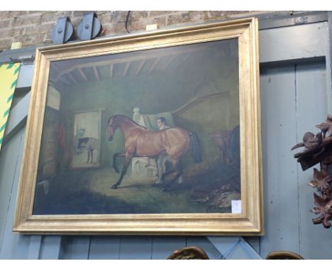 AFTER JOHN FERNELEY; PORTRAIT OF A HORSE, IN THE STABLE, OLEOGRAPH, in a gilt frame, 102cm x 122cm