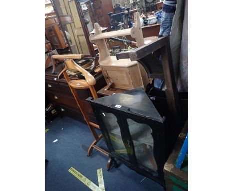 AN EDWARDIAN STRIPPED PINE HANGING SHELF/CABINET, 43cm wide, an Italian beechwood valet stand, and other small furniture (as 