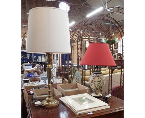 A HANDPAINTED POTTERY TABLE LAMP and a brass table lamp (2)