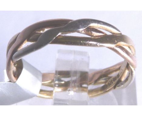 9CT BAND RING. 9ct yellow, white and rose gold band, size K/L