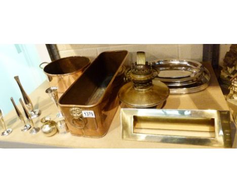 MIXED METALWARE. Shelf of mixed metalware