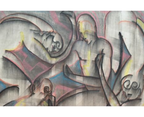 Artist unknown, pastel drawing, depicting four abstracted nude male figures, signed indistincly lower right, within black mou