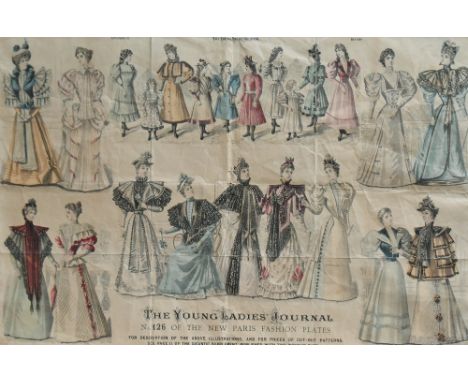 Artist unknown, etching in colours, 'The Young Ladies Journal, New Paris Fashion May 1894' within blue mount and dark wood fr