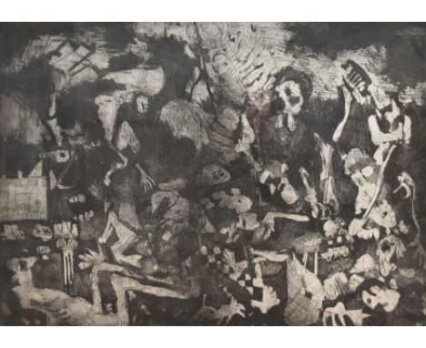 Artist unknown, naive monochrome etching, with distorted human figures, homes and cars on a black background, within off whit