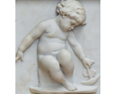 A Rococo style parian ware plaque of a putti playing with a boat, mounted in a deep gilt frame, with replica Perfugium Regibu