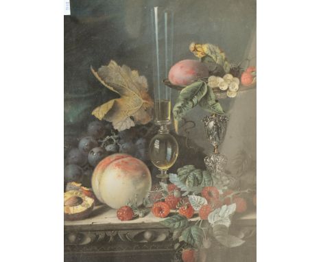 Artist unknown, colour print Dutch still life, showing various fruits, leaves, objects and an ornate table edge, within gilt 