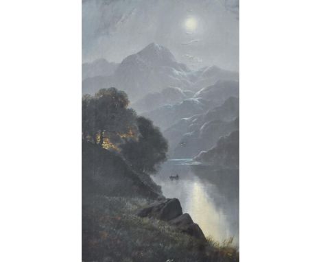An early 20th century English school oil on board, mountainous lake land landscape with fishing boat at dusk, unsigned, withi