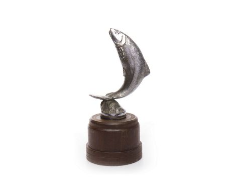 VINTAGE CHROME LEAPING FISH CAR MASCOTby Louis Lejeune Ltd., on a fixed wooden base, 19 cm high