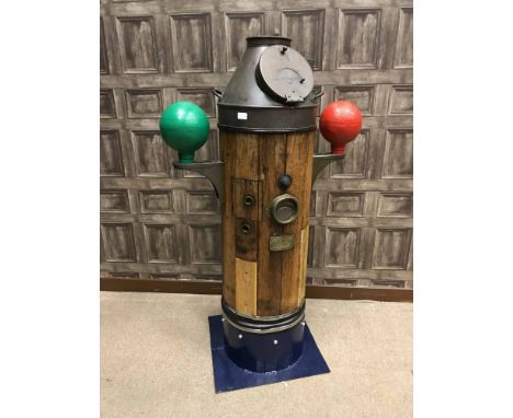 SHIPS BINNACLE - THE 'SESTREL' by HENRY BROWNE & SONType No. 90327, the cylindrical oak case with copper compass cover above 