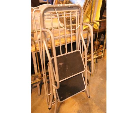 Mixed items including small step ladders, brass effect uplighter and brass effect headboard. Not available for in-house P&amp