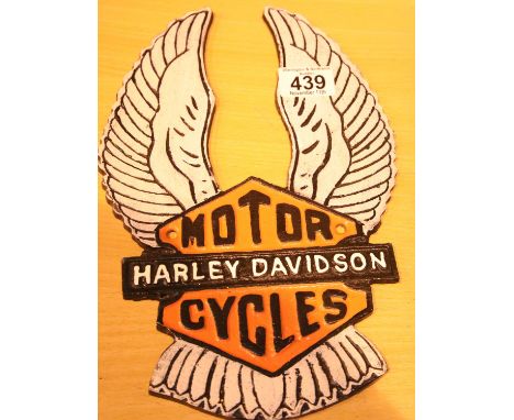 Cast iron Harley Davidson Motorcycles sign, 30 x 20 cm. P&amp;P Group 2 (£18+VAT for the first lot and £3+VAT for subsequent 