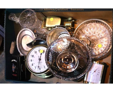 Box of mixed items including carriage clock, plated ware, brass etc. Not available for in-house P&amp;P 