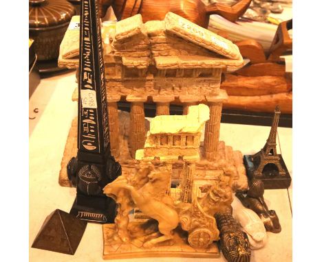 Grand tour style ruin models, Egyptian obelisk etc. Not available for in-house P&amp;P. Condition report: Mixed materials cer