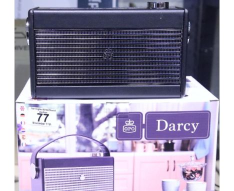 Black GPO Darcy a portable analogue FM / AM radio with alarm clock. Preset 20 radio stations. boxed, in working order. Not av