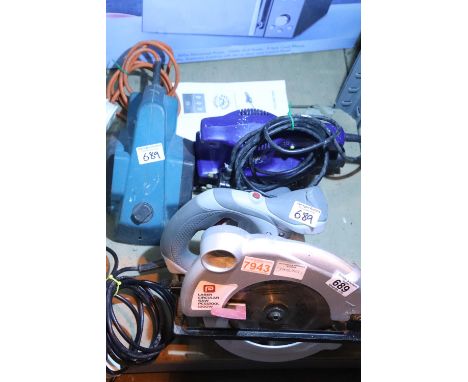 Performance laser circular saw 1200w, a Black and Decker planer and a Focus Basics electric sander. Not available for in-hous