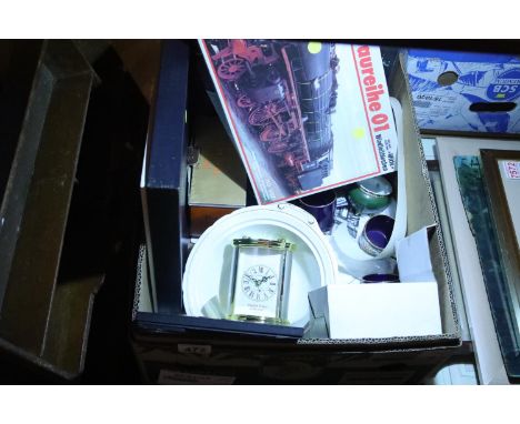 Box of mixed items including boxed records, ceramics, carriage clock etc. Not available for in-house P&amp;P 