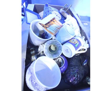 Box of mixed ceramics including crystal, glass, ceramic mantel clock etc. Not available for in-house P&amp;P 