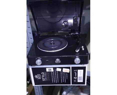 GPO Stylo, black; 3 speed record player, 33, 45 and 78; Aux in 3.5mm for MP3 connection; headphone jack; built in twin stereo