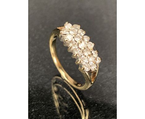 9ct Gold Diamond Cluster ring with three rows (nineteen Diamonds in total) of Diamonds approx size 'L' 