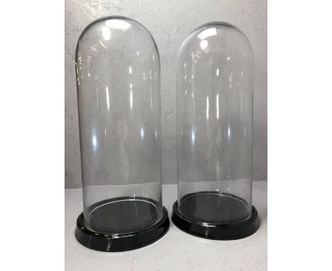 Pair of large glass display domes on black ceramic bases, approx 64cm in height