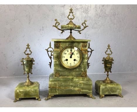 French Onyx clock with garnitures, eight day movement by Samuel Marti, Paris c.1900 - Medaille D'Or