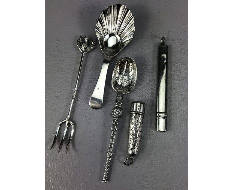Hallmarked silver items to include caddy spoon, thistle pickle fork etc 
