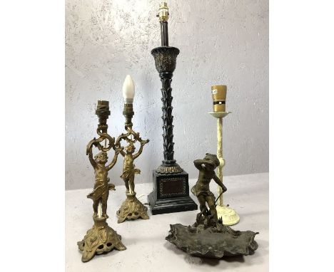 Collection of lamps and a cherub soap dish, the tallest lamp approx 62cm tall