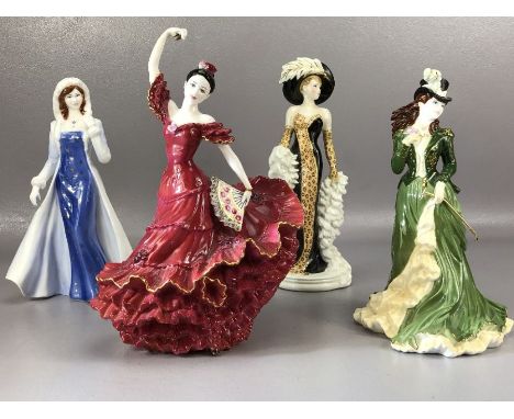Collection of four Coalport ceramic figurines: 'Anastasia', 'Helena, Riding in Hyde Park', 'Liz' from the Hollywood Glamour C
