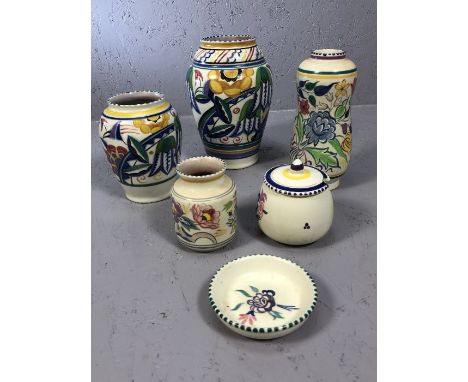 Collection of six pieces of Poole Pottery, the tallest vase approx 21cm in height