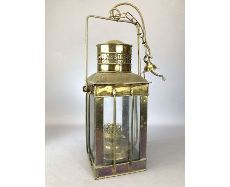 Pendant light in the form of a four sided vintage brass oil lamp, approx 37cm in height
