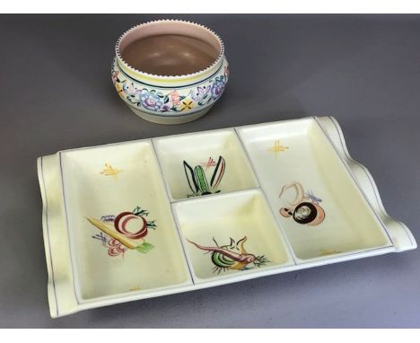 Poole pottery hors d'oeuvres sectioned dish with vegetable decoration, approx 34cm x 21cm and a further Poole Pottery dish, a