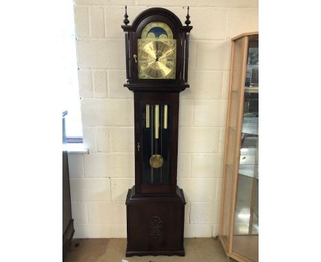 Modern mahogany longcase clock, moon phase, triple chimes, good working order