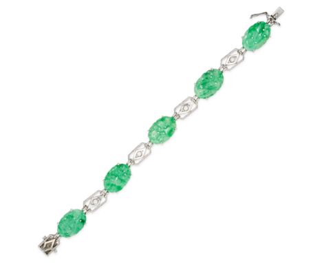 A JADEITE JADE AND DIAMOND BRACELET comprising a row of five oval jadeite jade plaques carved to depict foliage and openwork 