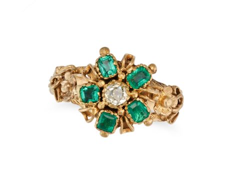 AN ANTIQUE EMERALD AND DIAMOND CLUSTER RING set with an old cut diamond in a cluster of cushion cut emeralds, no assay marks,