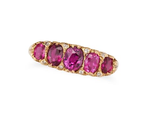 A RUBY AND DIAMOND RING in yellow gold, set with a row of five graduating rubies accented by single cut diamonds, the rubies 