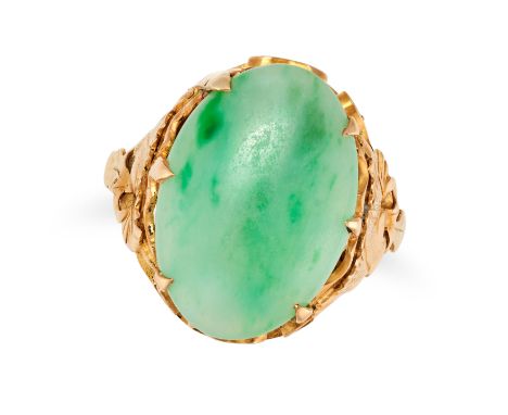 A CHINESE JADEITE JADE RING in high carat yellow gold, set with a cabochon jadeite jade, Chinese assay marks, size O1/2 / 7.5