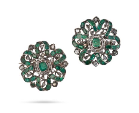 A PAIR OF ANTIQUE EMERALD AND DIAMOND BROOCHES, 18TH CENTURY in yellow gold and silver, each designed as a scrolling flower, 