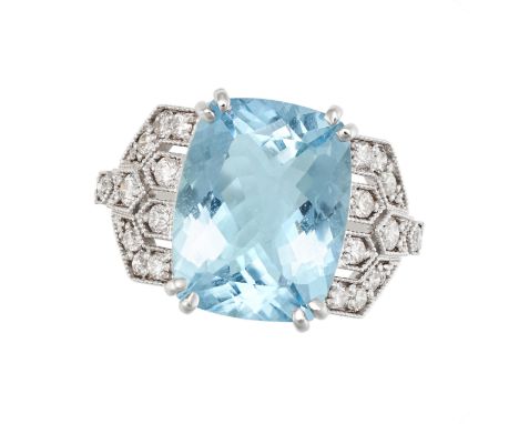 AN AQUAMARINE AND DIAMOND RING set with a cushion cut aquamarine of approximately 5.78 carats, the shoulders set with round b