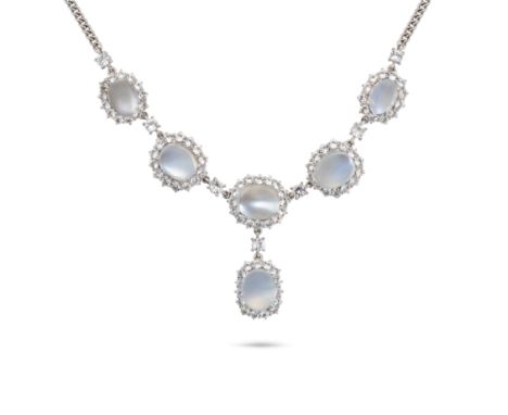 A MOONSTONE AND WHITE SAPPHIRE NECKLACE comprising a row of five oval cut moonstones in a cluster of round cut white sapphire