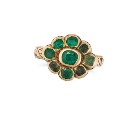 AN ANTIQUE EMERALD CLUSTER RING set with a cluster of cushion cut emeralds, no assay marks, size R1/2 / 9, 6.0g. 