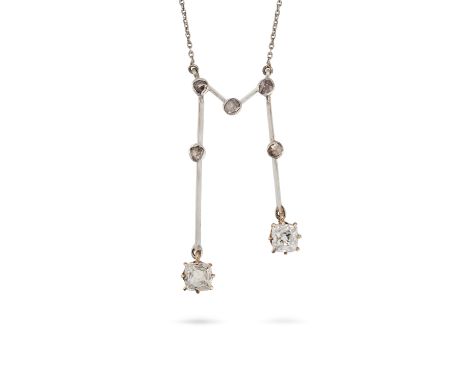 AN ANTIQUE DIAMOND NEGLIGEE PENDANT NECKLACE the pendant set with rose cut diamonds suspending two old cut diamond drops, the