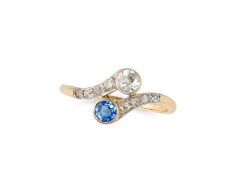 AN ANTIQUE SAPPHIRE AND DIAMOND TOI ET MOI RING in yellow gold, set with a round cut sapphire and old cut diamond, the band s