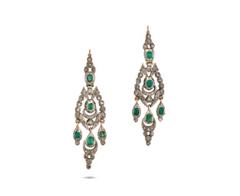 A PAIR OF ANTIQUE IBERIAN EMERALD AND DIAMOND DROP EARRINGS in yellow gold and silver, the articulated bodies jewelled throug