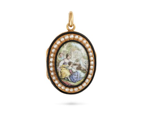 AN ANTIQUE PEARL AND ENAMEL PORTRAIT MINIATURE LOCKET PENDANT in yellow gold, the oval hinged locket set with a painted scene