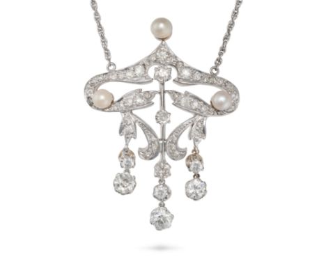 A DIAMOND AND PEARL PENDANT NECKLACE the openwork pendant set with old and round cut diamonds accented by pearls, suspending 